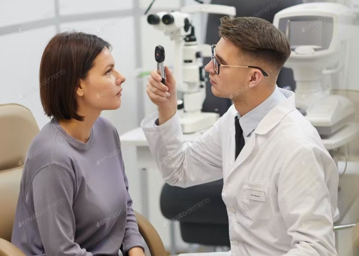 Optometrist examining a patient’s eyes during a routine eye test