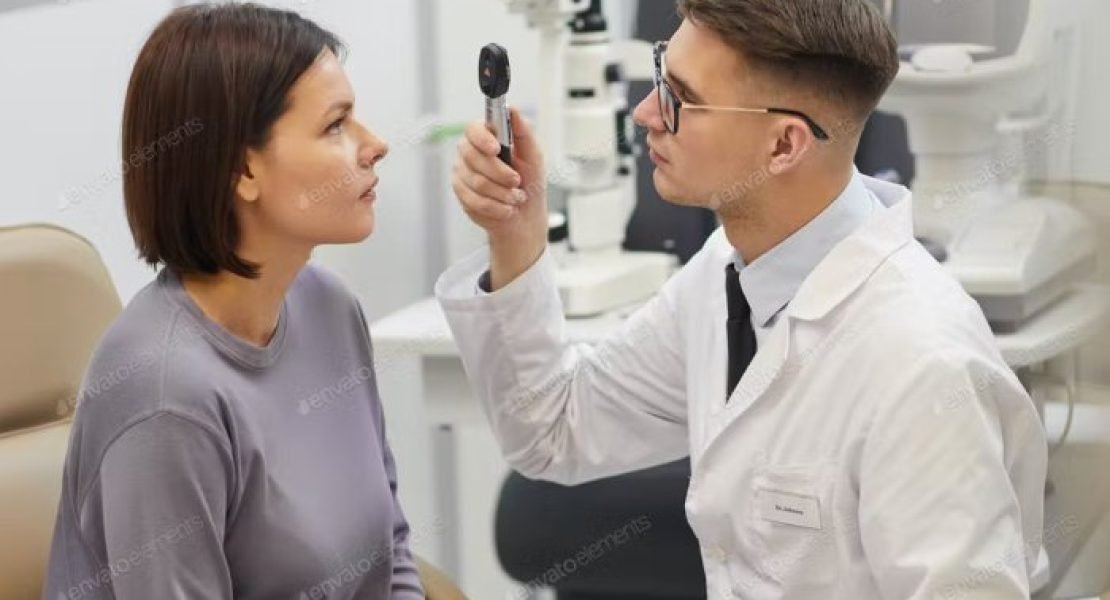 Optometrist examining a patient’s eyes during a routine eye test